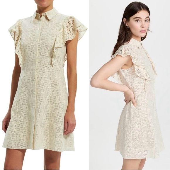THEORY Nova Eyelet Ruffle Sleeve Button Down Mini Dress Shirtdress Size 4 NEW - Picture 3 of 10